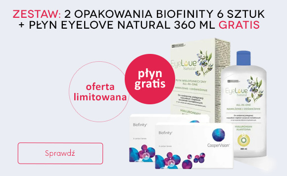 zestaw promocyjny 2 opakowania Biofinity + płyn EyeLove Natural 360 ml gratis