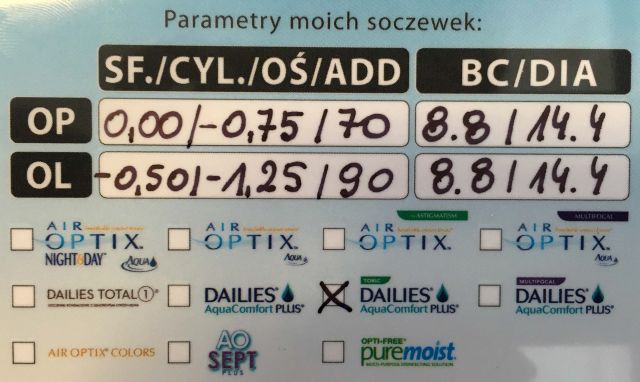 Karteczka z wypisanymi parametrami soczewek